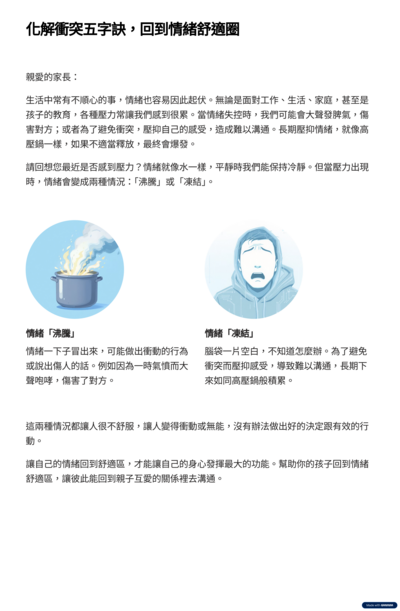 學生輔導諮商中心製作化解親職衝突五字訣，請家長多多參閱。圖片