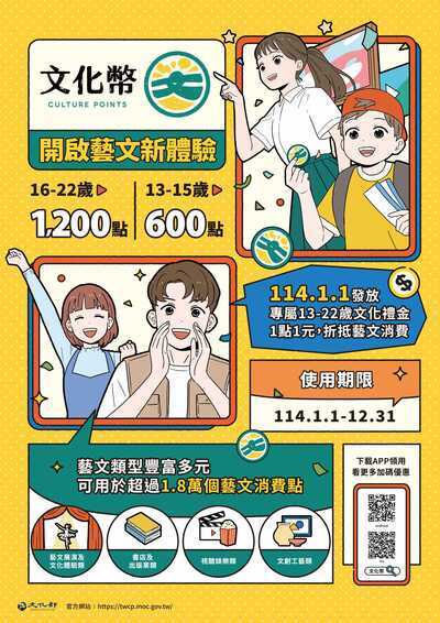 文化部114年文化禮金發放事宜，請13歲青少年儘速領用圖片