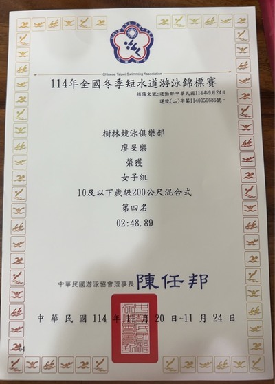 恭喜本校402 廖旻樂 參加114年全國冬季短水道游泳錦標賽 成績卓越圖片