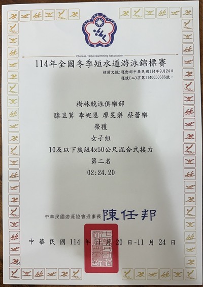 恭喜本校402 廖旻樂 參加114年全國冬季短水道游泳錦標賽 成績卓越圖片
