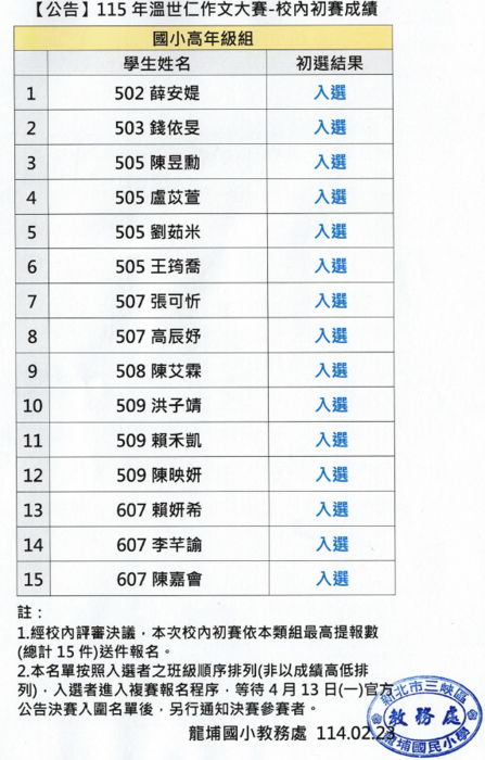 高年級校內入選名單