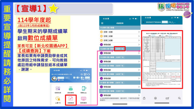 【公告】本學期起將不再列印紙本學期成績單,將啟用電子化成績單,請至「新北校園通APP」查詢。圖片