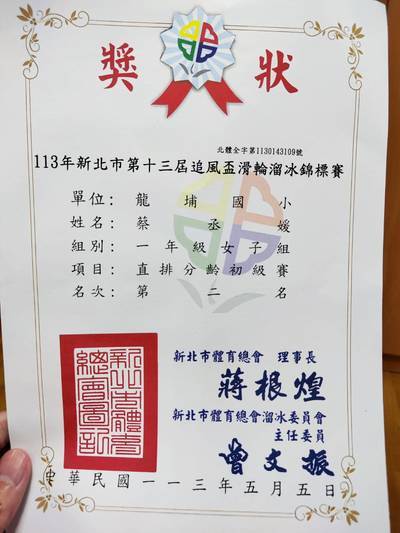 恭喜本校101 蔡丞媛、301蔡丞翔 參加新北市第13屆追風盃滑輪溜冰錦標賽榮獲佳績圖片