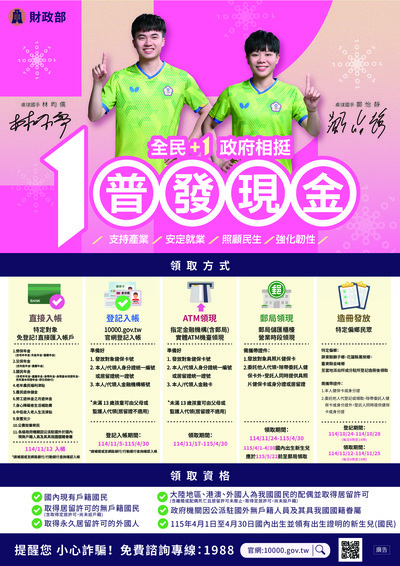 宣導財政部辦理「全民+1 政府相挺」普發現金發放作業圖片