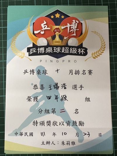 恭喜『402王瑞浩』同學參加2022年乒博桌球十月排名賽 榮獲佳績圖片