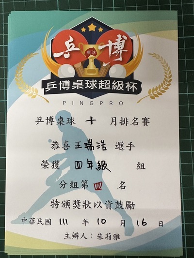 恭喜『402王瑞浩』同學參加2022年乒博桌球十月排名賽 榮獲佳績圖片