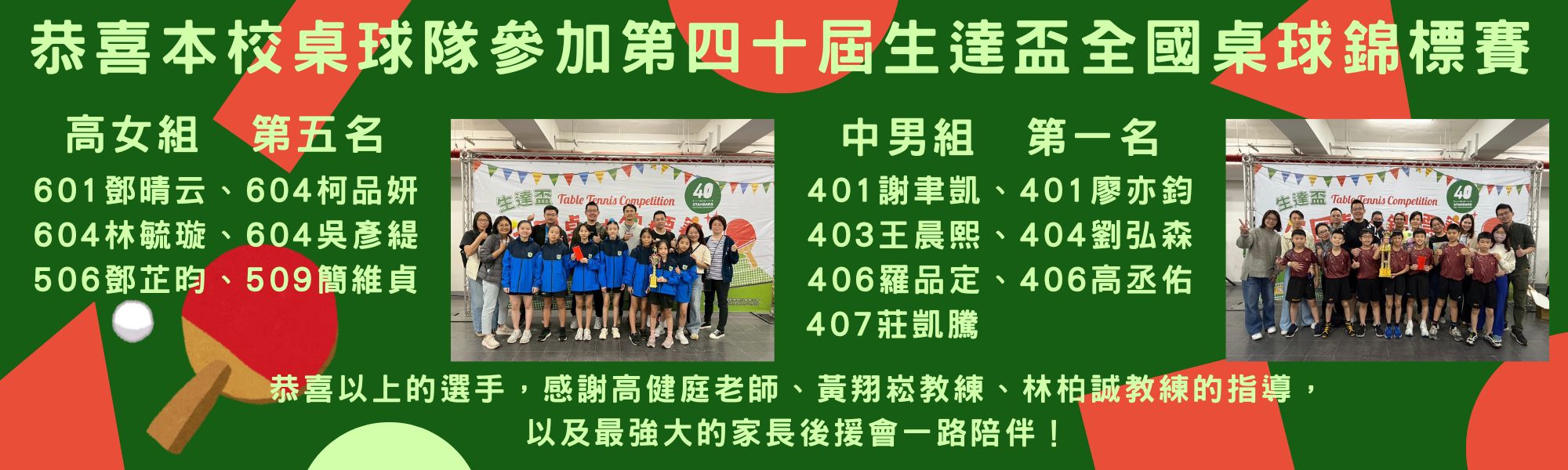 第40屆生達盃全國桌球錦標賽 榮獲佳績