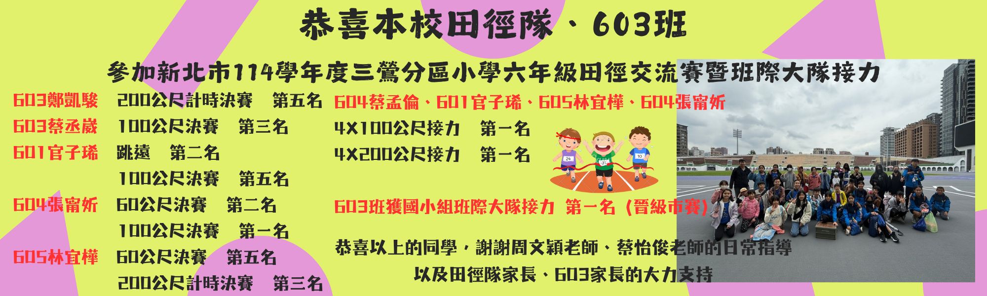 新北市114學年度三鶯分區六年級田徑交流賽暨班際大隊接力 表現卓越