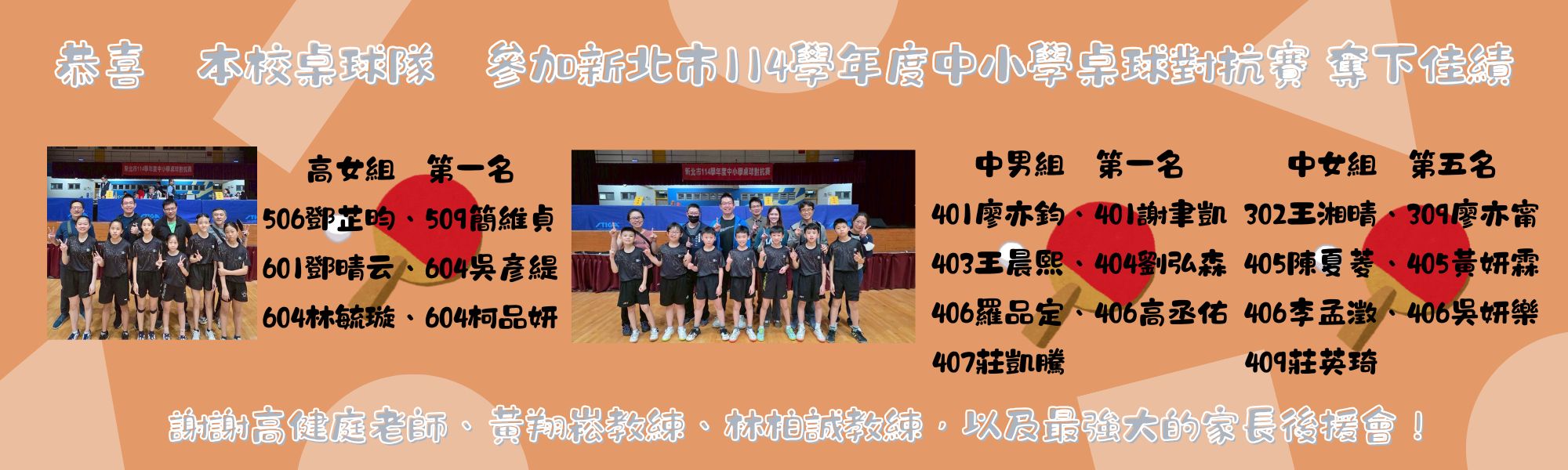 新北市114學年度中小學桌球對抗賽 奪得雙金